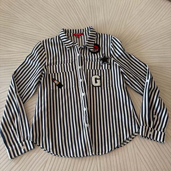 Guess Black & White Striped Button-Up Shirt with Patches, Size M - Picture 1 of 7
